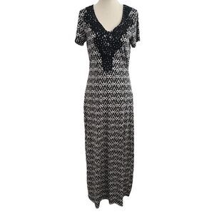 Cruisewear & Company Stretchy Maxi Dress V Neck Lace + Rhinestone Neckline Small